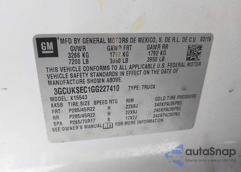 2016 Chevrolet Silverado 1500 2Lz из США, поврежденный, VIN 3GCUKSEC1GG227410